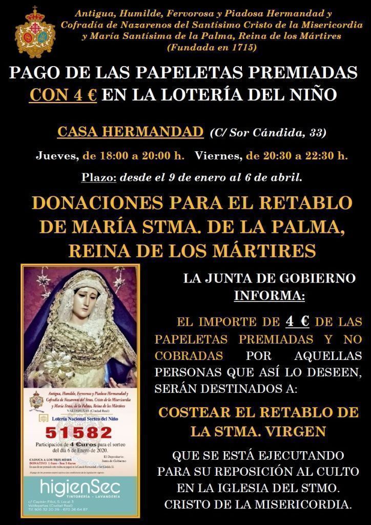 Cartel pago de papeletas premiadas Lotería del Niño 2020